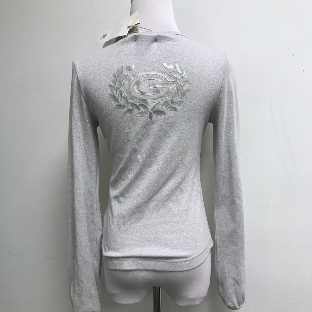 Adidas silver metallic logo long sleeve v neck top S NWT scoop neck - Picture 1 of 7
